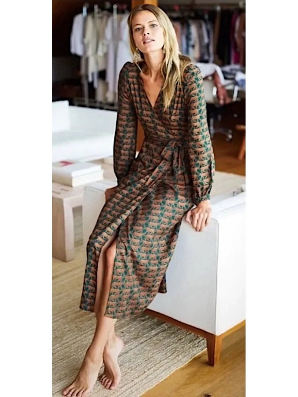 Emerson Fry India Collection green walking cheetah Bishop wrap midi dress